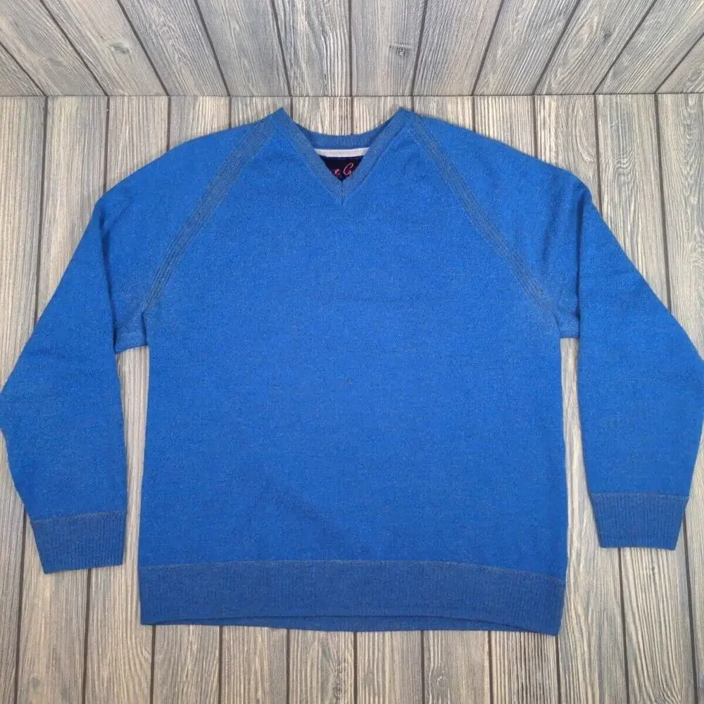 Robert Graham Men Blue Cashmere Wool Tight Knit V-Neck Long Sleeve Sweater Sz‎ L